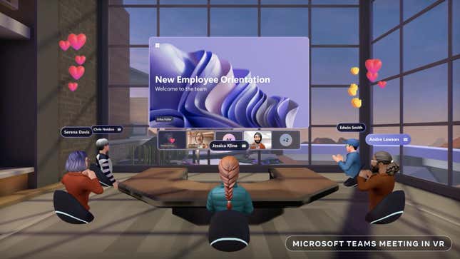 Five avatars sit in a virtual conference room looking at a screen in a Microsoft Teams meeting.