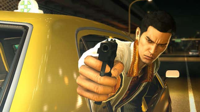 A man in a suit aims a pistol while dangling out of a taxi in Yakuza.