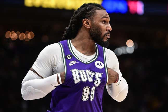 Apr 7, 2023; Milwaukee, Wisconsin, USA;  Milwaukee Bucks forward Jae Crowder (99) reacts in the fourth quarter during game against the Memphis Grizzlies at Fiserv Forum.