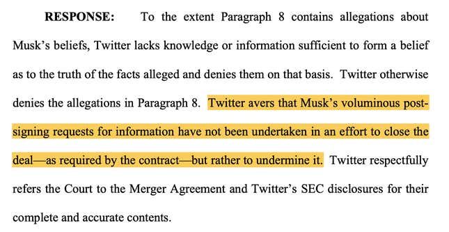 Image for article titled Twitter Obliterates Elon Musk&#39;s Excuses for Trying to Kill $44 Billion Deal in Blistering Court Filing