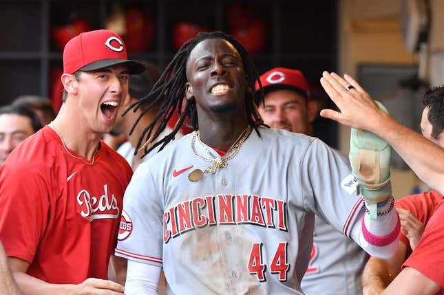 Jul 8, 2023; Milwaukee, Wisconsin, USA; Cincinnati Reds shortstop Elly De La Cruz (44) celebrates in the dugout after scoring a run against the Milwaukee Brewers in the seventh inning at American Family Field.