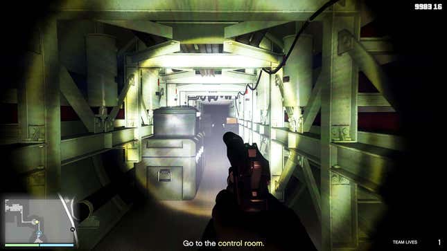 A first-person screenshot shows a player creeping down a dark hallway with a gun and flashlight.