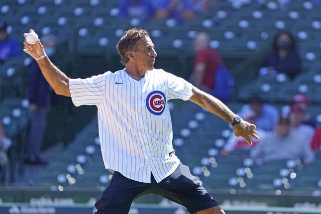 Sep 6, 2021; Chicago, Illinois, USA; NHL Hall of Famer Chris Chelios throws out a ceremonial first pitch before the game between the Chicago Cubs and the Cincinnati Reds at Wrigley Field.