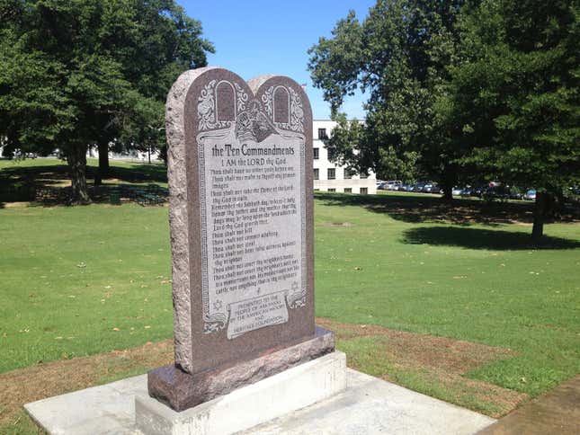 A statue of the Ten Commandments is seen after it was installed on the grounds of the state Capitol in Little Rock, Arkansas, U.S. June 27, 2017.