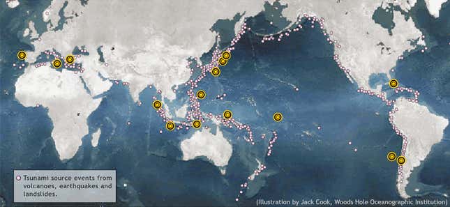 A map of earthquakes and tsunamis from recent history (tsunamis in yellow).