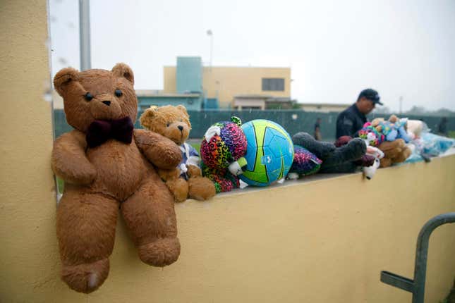 Toys left for migrant children by protesters for migrant children by protesters at the Homestead Temporary Shelter for Unaccompanied Children, June 23, 2018.