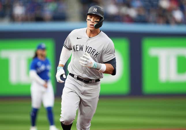 May 15, 2023; Toronto, Ontario, CAN; New York Yankees right fielder Aaron Judge (99) runs the bases after hitting a home run against the Toronto Blue Jays during the first inning at Rogers Centre.