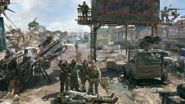 Early concept art from Fallout 3, showing survivors posing in front of a dead guard.