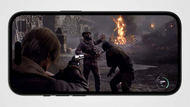An iPhone shows Resident Evil 4 on screen.