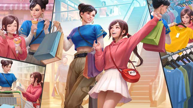 A series of illustrations in Street Fighter 6 show Chun-Li shopping with Li-Fen.