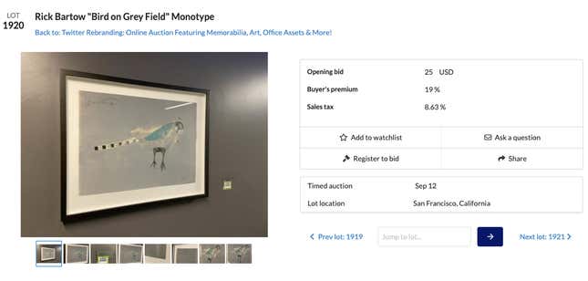 Image for article titled Twitter&#39;s Office Auction: Here Are the 35 Oddest Pieces of Bird-Themed Junk for Sale