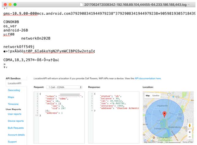 A cell-tower location sent to Google from an Android device.