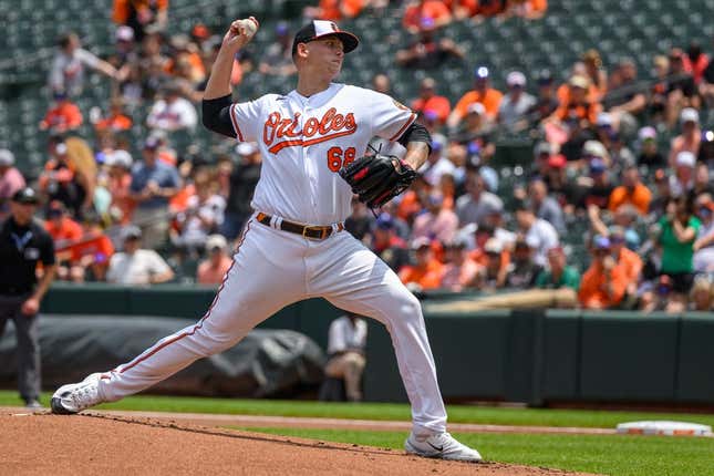 Jun 15, 2023; Baltimore, Maryland, USA; Baltimore Orioles starting pitcher Tyler Wells (68) throws a pitch during the first inning against the Toronto Blue Jays at Oriole Park at Camden Yards.