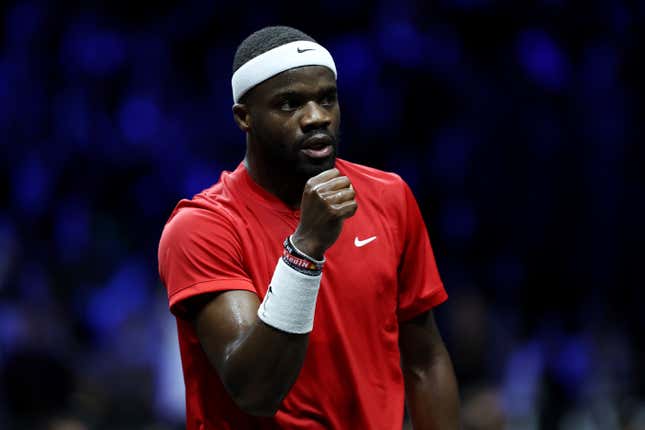 Frances Tiafoe of Team World celebrates a point during the singles match between Stefanos Tsitsipas of Team Europe and Frances Tiafoe of Team World during Day Three of the Laver Cup at The O2 Arena on September 25, 2022 in London, England. (Photo by Clive Brunskill/Getty Images for Laver Cup)