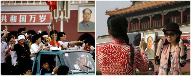 LEFT: Student protesters arriving at Tiananmen Square to join other pro-democracy demonstrators, May 1989. RIGHT: A tourist poses for a photograph in front of the giant portrait of Chinese late Chairman Mao Zedong at Tiananmen Square in Beijing, October 2013