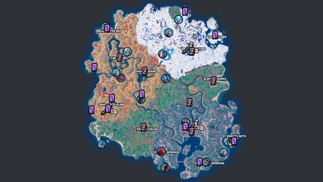 A map of the Fortnite island shows vending machines and character locations.