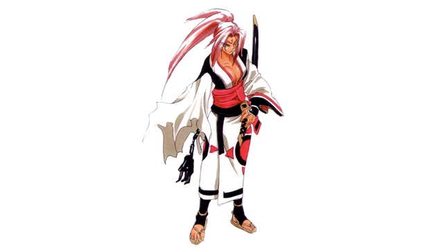 A one-armed, female samurai staring angrily at the viewer.