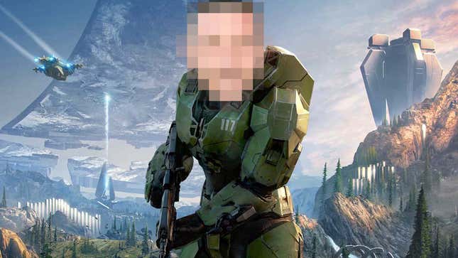 Master Chief standing in front of hills with a blurry face. 