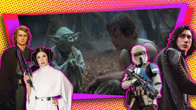 A colorful collage shows various Star Wars characters like Luke and Yoda. 