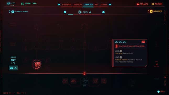 The Cyberpunk 2077 skill tree shows the Die! Die! Die! perk.