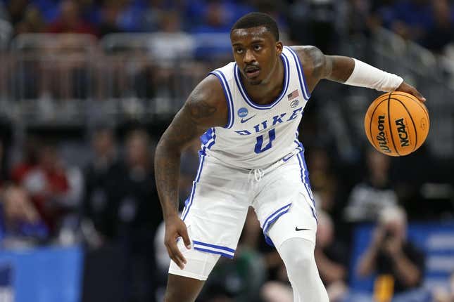 March 16, 2023;  Orlando, FL, USA;  Duke Blue Devils forward Darick Whitehead (0) dribbles the ball during the second half against the Oral Roberts Golden Eagles at Amway Center.