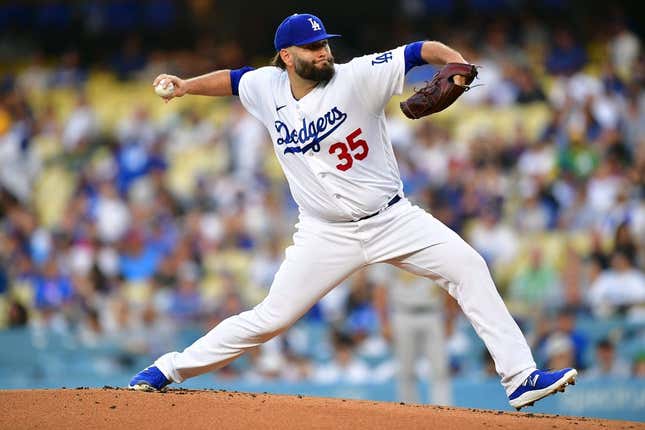 August 1, 2023; Los Angeles, California, USA; Los Angeles Dodgers starting pitcher Lance Lynn (35) throws against the Oakland Athletics during the first inning at Dodger Stadium.