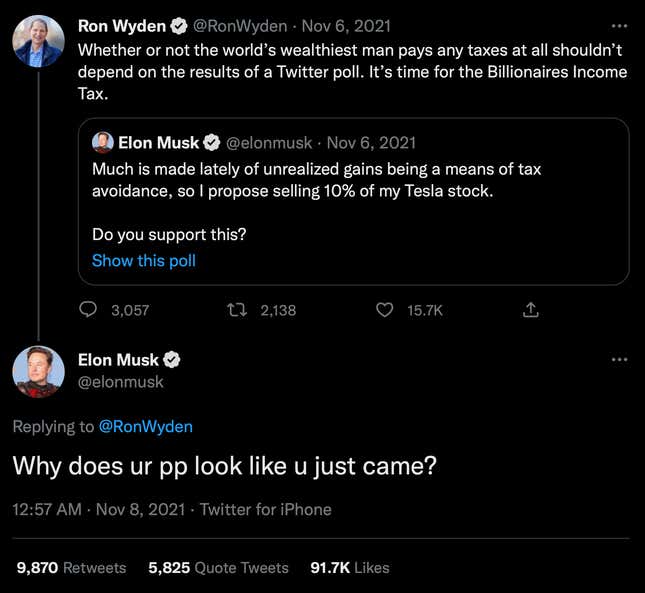 Sen. Ron Wyden tweets about the whether Elon Musk should pay taxes. Musk responds: "Why does your profile picture look like u just came?"