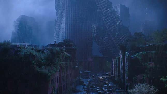 An image of one nearly-collapsed skyscraper leaning against another from HBO's The Last of Us.