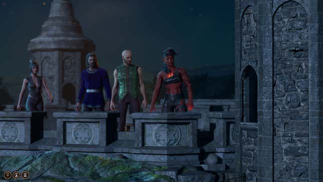 Shadowheart, Gale, Tav, and Karlach are seen standing on a bridge and looking at something below.