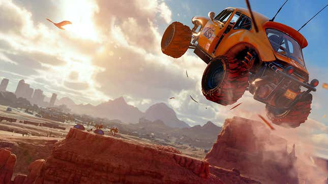 A buggy car takes a jump in a canyon in Saints Row.