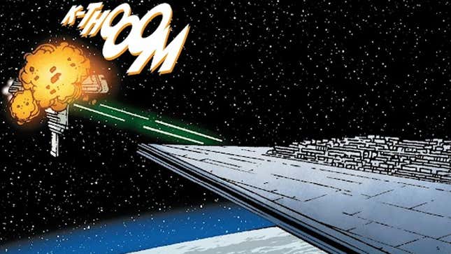 Darth Vader's Super Star Destroyer, the Executor, opens fire on an enemy smuggler ship.