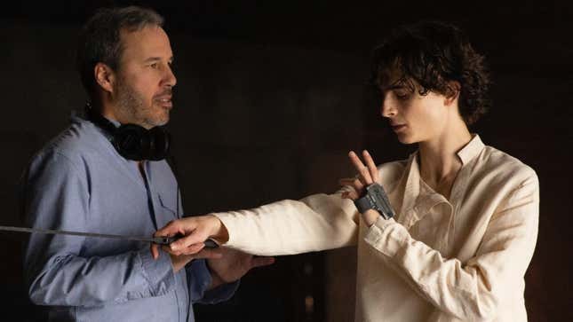 Director Denis Villeneuve and actor Timothée Chalamet rehearse on the set of Dune.