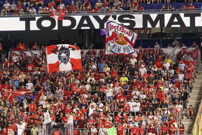 Aug 20, 2023; Harrison, New Jersey, USA; New York Red Bulls fans cheer during the first half against D.C. United at Red Bull Arena.