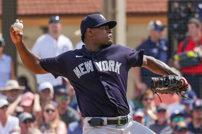 Mar 10, 2023; Lakeland, Florida, USA; New York Yankees starting pitcher Luis Severino (40) pitches during the first inning against the Detroit Tigers at Publix Field at Joker Marchant Stadium.