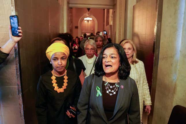 Rep. Pramila Jayapal (D-Wash.), center, Rep. Ilhan Omar (D-Minn.), left, and members of the US House of Representatives protest near the Senate Chamber ahead of a vote on an abortion rights bill on Capitol Hill on Tuesday, May 11, 2022, in Washington, DC. 
