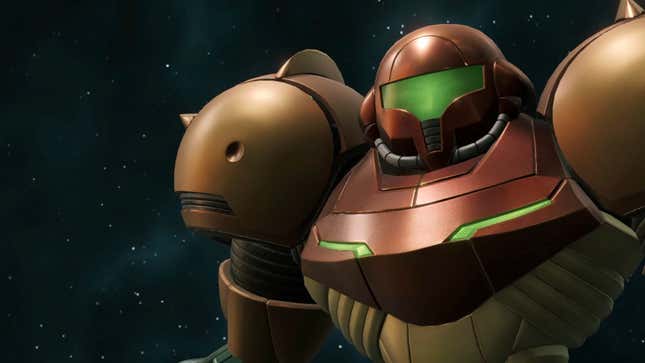 Samus stands inn front of the expanse of outer space. 