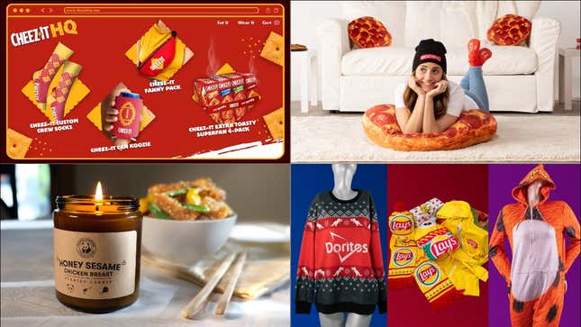 Clockwiserom top right: Cheez-It swag shop, woman lounging on DiGiornio pepperoni pizza floor pillow, Cheetos adult onesie, Lay's potato chips winter apparel, Doritos sweater, Panda Express honey sesame scented candle