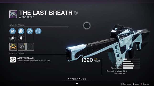 A screenshot of the Last Breath auto rifle's stat page.