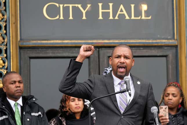 Supervisor Shamann Walton speaks at a reparations rally outside of City Hall in San Francisco, Tuesday, March 14, 2023. Supervisors in San Francisco are taking up a draft reparations proposal that includes a $5 million lump-sum payment for every eligible Black person. 