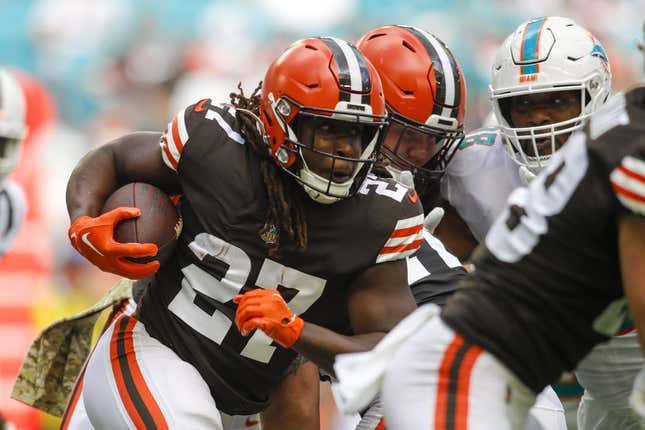 Nov 13, 2022; Miami Gardens, Florida, USA; Cleveland Browns running back Kareem Hunt (27) runs with the football during the second quarter against the Miami Dolphins at Hard Rock Stadium.