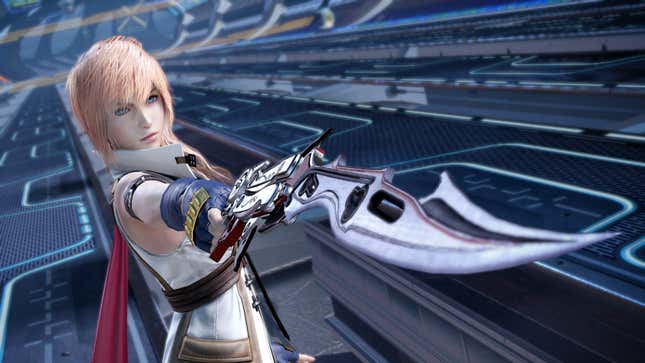 Lightning is shown pointing her sword at someone off-screen.