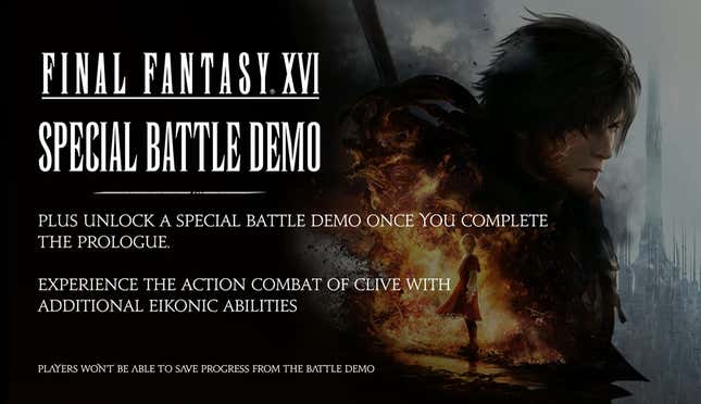 A presentation slide provides info on FFXVI's demo. 