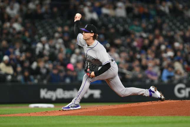 Apr 15, 2023; Seattle, Washington, USA; Colorado Rockies starting pitcher Ryan Feltner pitches to the Seattle Mariners during the first inning at T-Mobile Park.