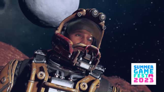 A Starfield character is seen in a space suit.