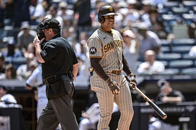May 27, 2023; Bronx, New York, USA; San Diego Padres left fielder Juan Soto (22) reacts after striking out against the New York Yankees during the first inning at Yankee Stadium.