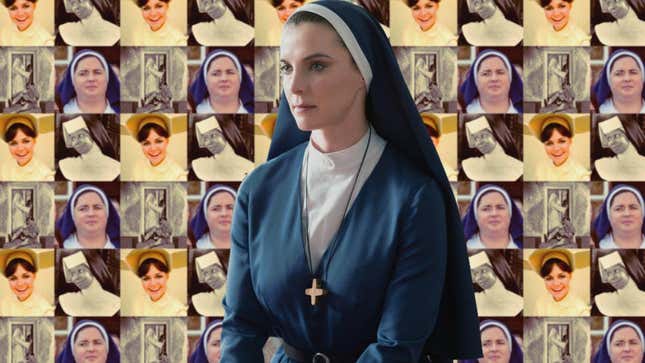 Betty Gilpin in Mrs. Davis (Photo by: Colleen Hayes/Peacock) Background: Sally Field in The Flying Nun (Photo by ABC Photo Archives/Disney General Entertainment Content via Getty Images), Whoopi Goldberg in Sister Act (Afro Newspaper/Gado/Contributor), Black Narcissus (John Kobal Foundation/Contributor), Siobahn McSweeney in Derry Girls (Netflix)