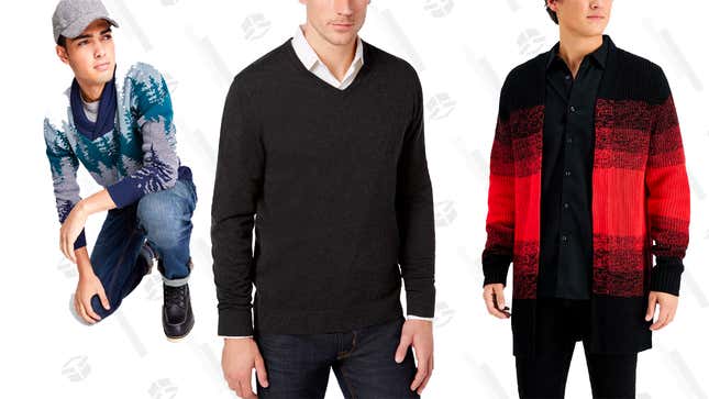 Alfani Solid V-Neck Sweater | $7 | Macy’s
Sun + Stone Men’s George Sweater | $19 | Macy’s
INC International Men’s Cardigan | $35 | Macy’s