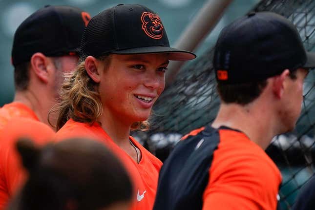July 27, 2022; Baltimore, Maryland, USA; Baltimore Orioles number one draft pick Jackson Holliday during batting practice before the game against the Tampa Bay Rays at Oriole Park at Camden Yards.
