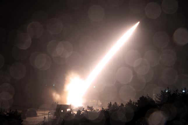 n this handout image released by the South Korean Defense Ministry, an  Army Tactical Missile System (ATACMS) is fired during a joint training  between the United States and South Korea, on October 05, 2022 at an  undisclosed location. The South Korean and U.S. militaries fired a  volley of missiles into the sea in response to North Korea firing a  ballistic missile over Japan.