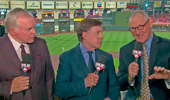 Jim Kaat, right, with broadcast partners Buck Showalter and Bob Costas, said he’d like “a 40-acre field full” of Yoan Moncados.